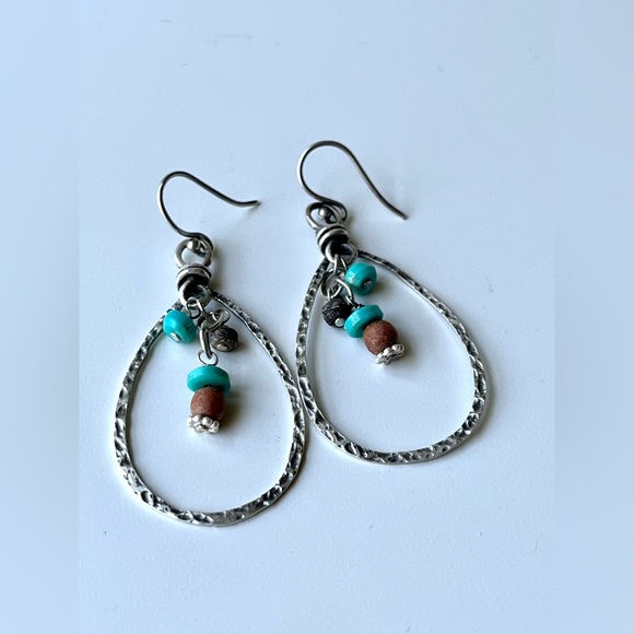 Retired Turquoise, Wood and Sterling Silver hammered  Sterling Silver Earrings - Picture 4 of 4